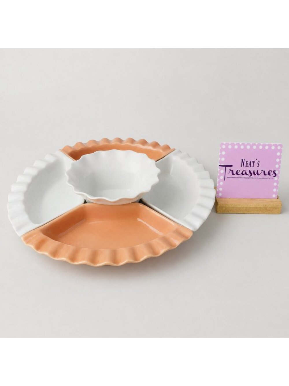 MCM California Pottery USA 224 Lazy Susan Peach White 5 Piece Serving Dish Set